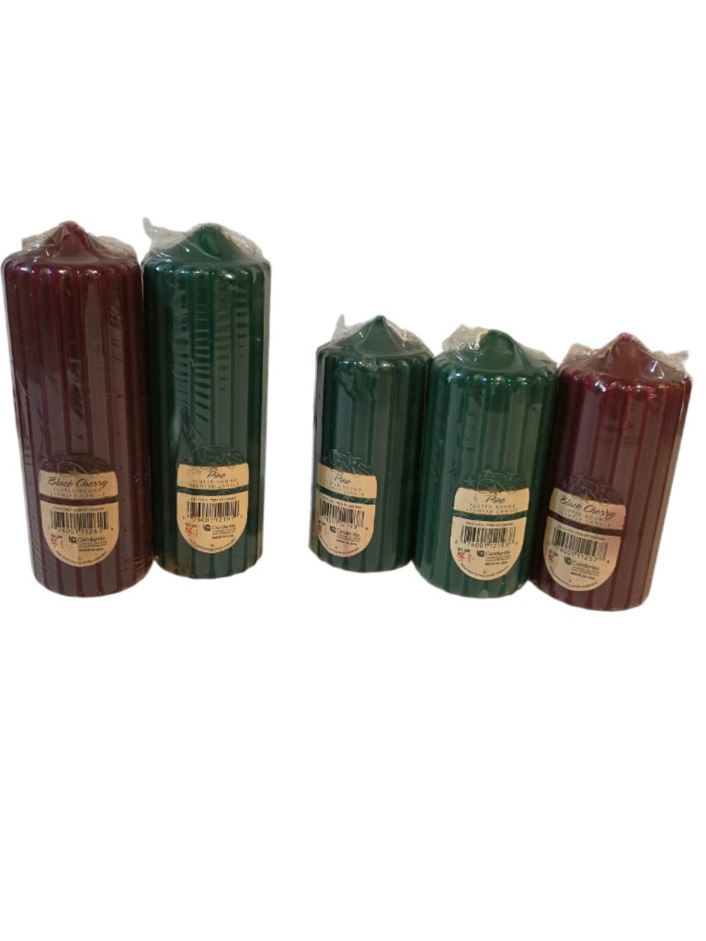Vintage Candle-lite Fluted Ribbed Pillar Candles - Pine & Black Cherry Lot of 5